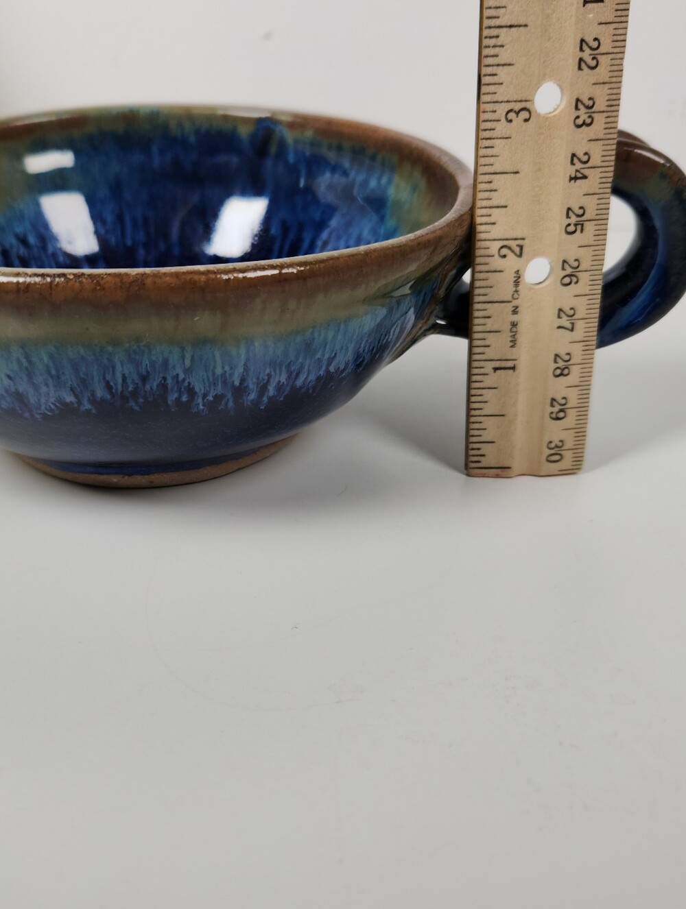 Vintage Signed Studio Pottery Bowl with Handle, Celestial Blue & Brown - Picture 10 of 10